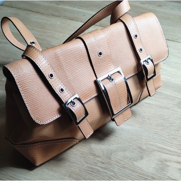 Authentic Maxx Peach Pebble Leather Handbag Lizard Embossed Silver Buckle - Picture 1 of 16